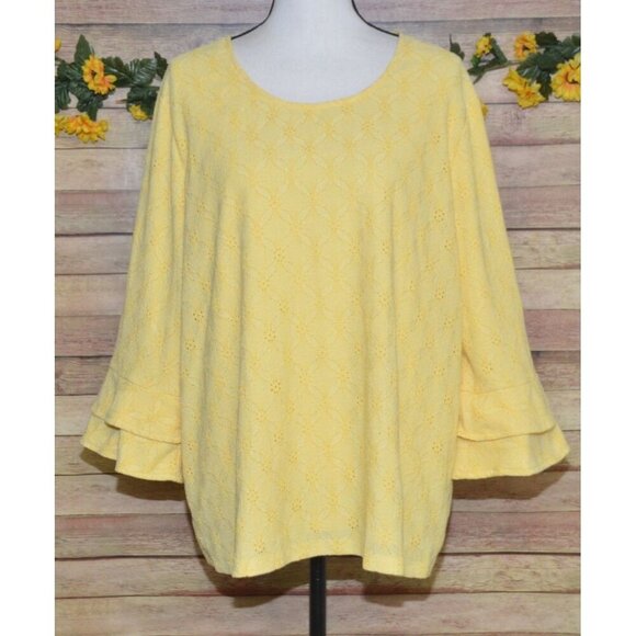 Chico's 4 US XXL 1X Butter Yellow Eyelet Blouse Top 3/4 Ruffle Sleeve Scoop Neck - Picture 1 of 12